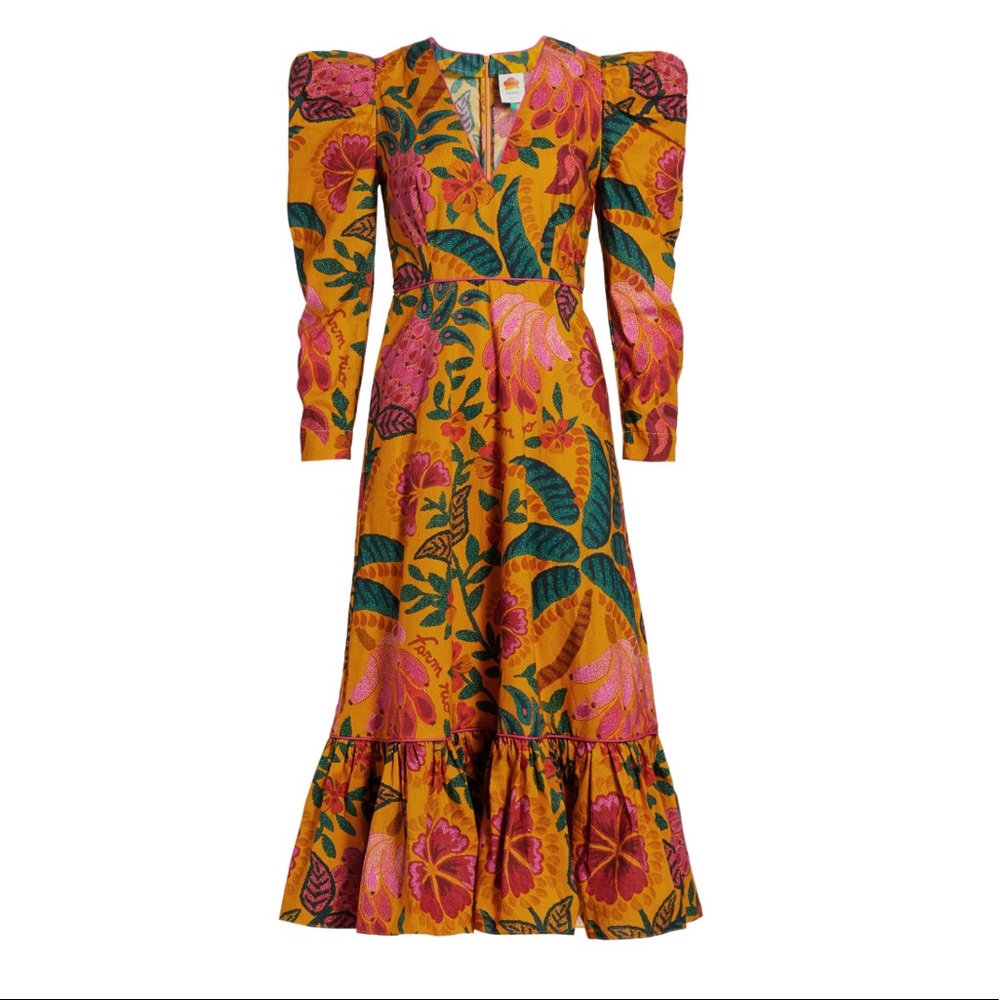 farm rio floral printed puff sleeve midi dress